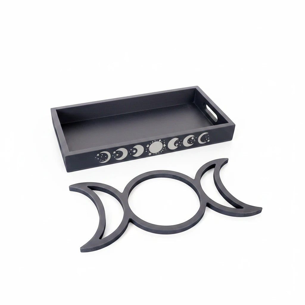 The Witches' Quest black wooden tarot card and crystal display tray with triple moon and moon phase engravings.