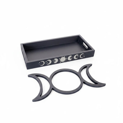 The Witches' Quest black wooden tarot card and crystal display tray with triple moon and moon phase engravings.