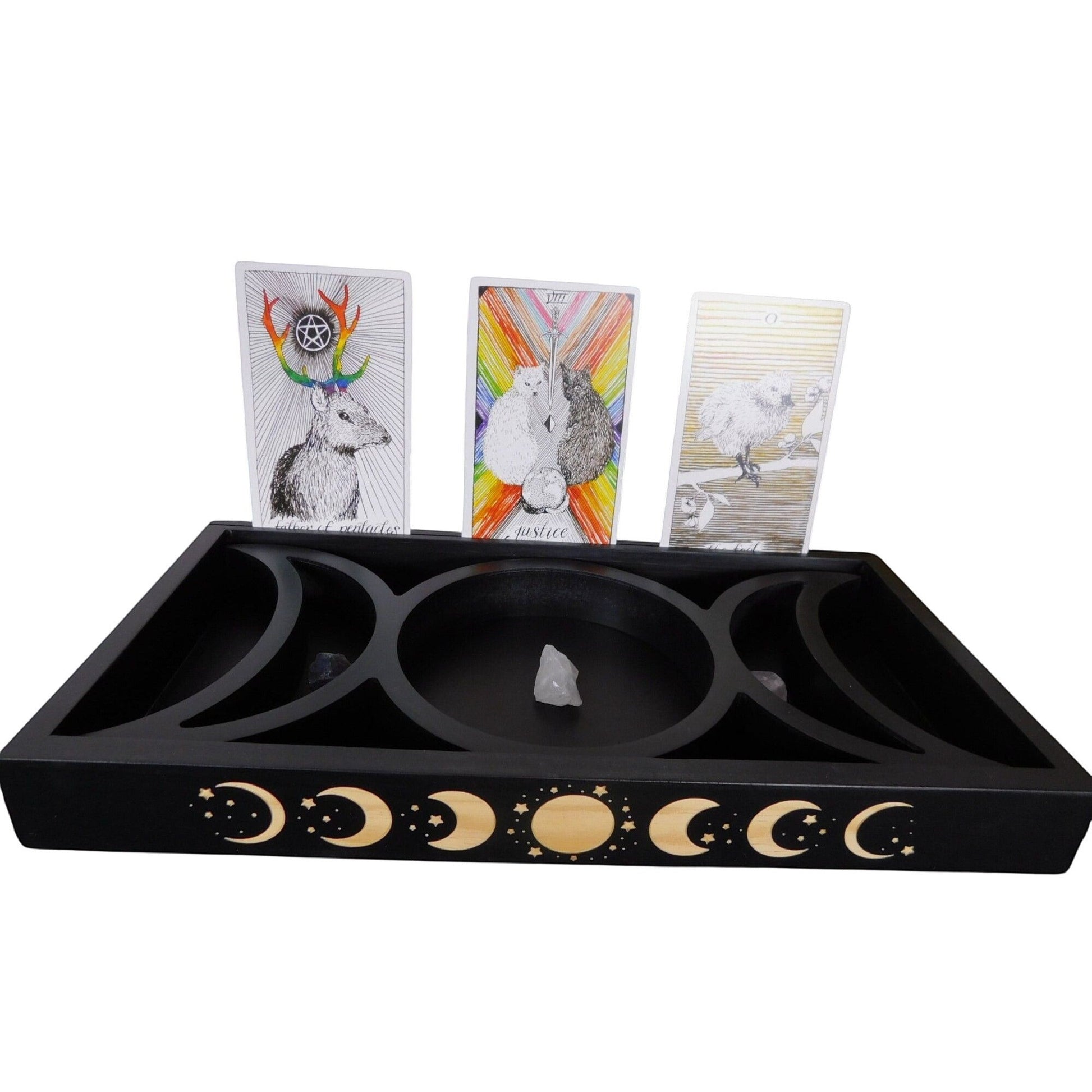 The Witches' Quest black wooden tarot card and crystal display tray with triple moon phase engravings.