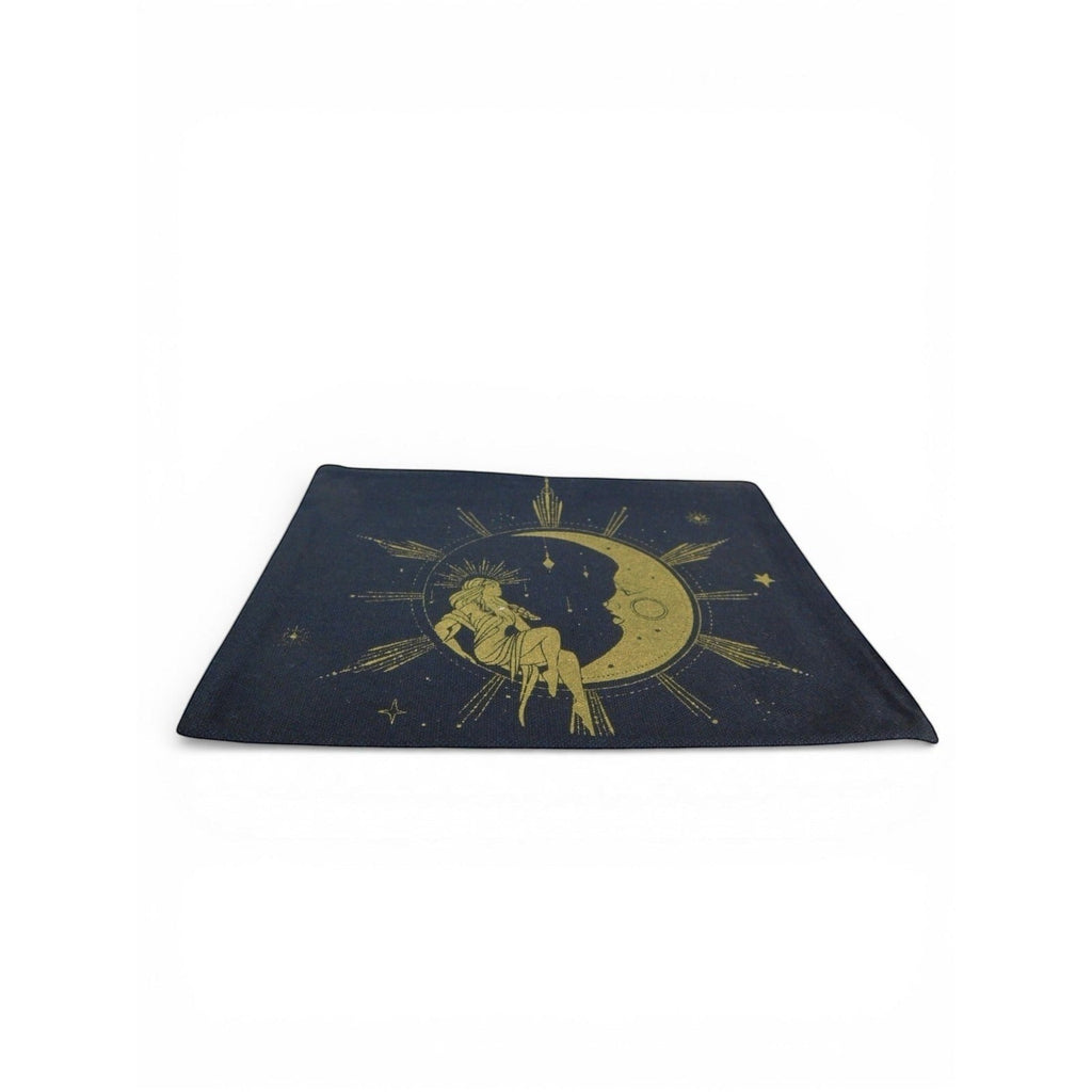 The Witches' Quest dark blue canvas makeup bag with a metallic gold celestial goddess and crescent moon print.