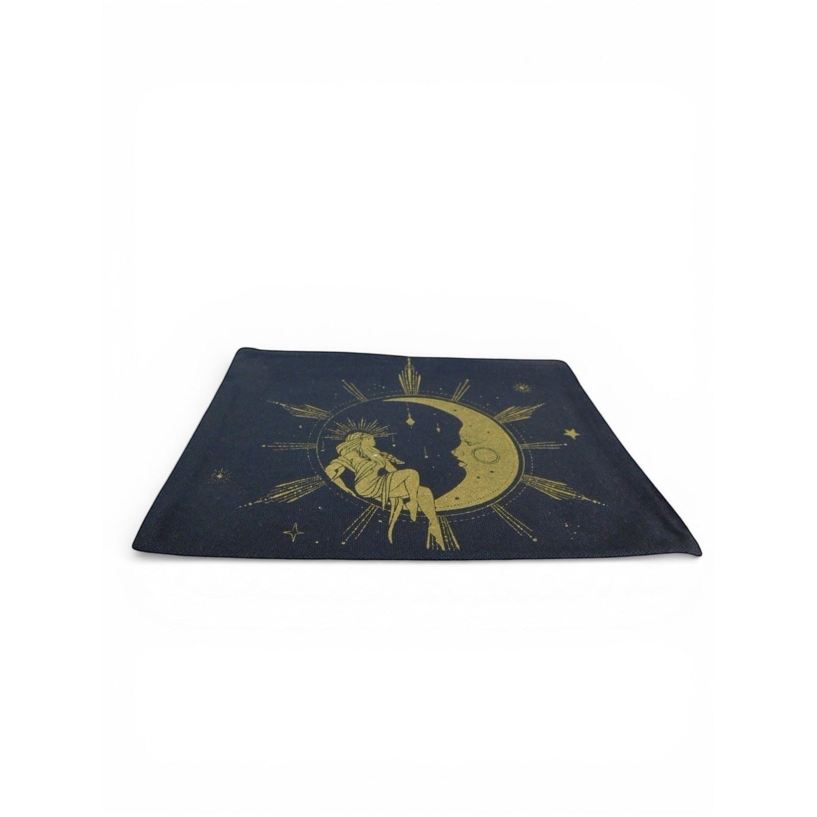 The Witches' Quest dark blue canvas makeup bag with a metallic gold celestial goddess and crescent moon print.