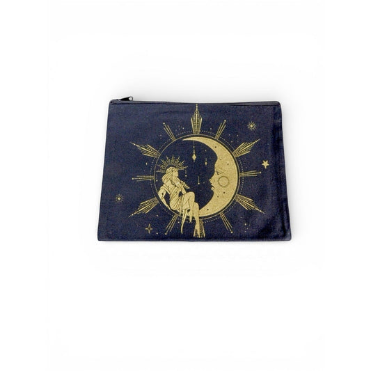 The Witches' Quest dark blue canvas makeup bag with a gold celestial goddess, crescent moon, and star print design.