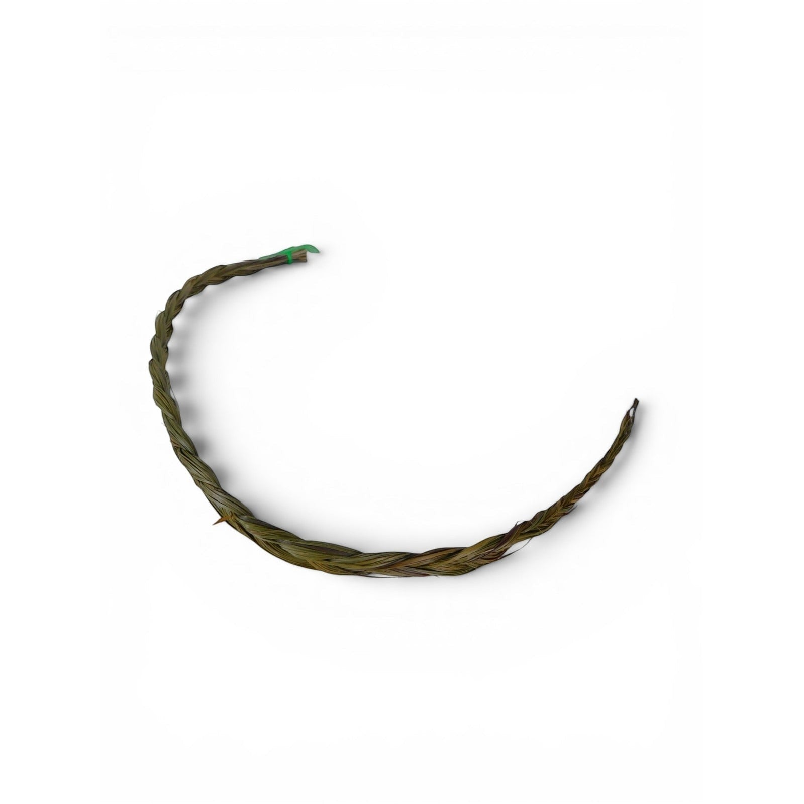 The Witches' Quest braided sweetgrass smudge stick for cleansing and ritual use with green tie on white background