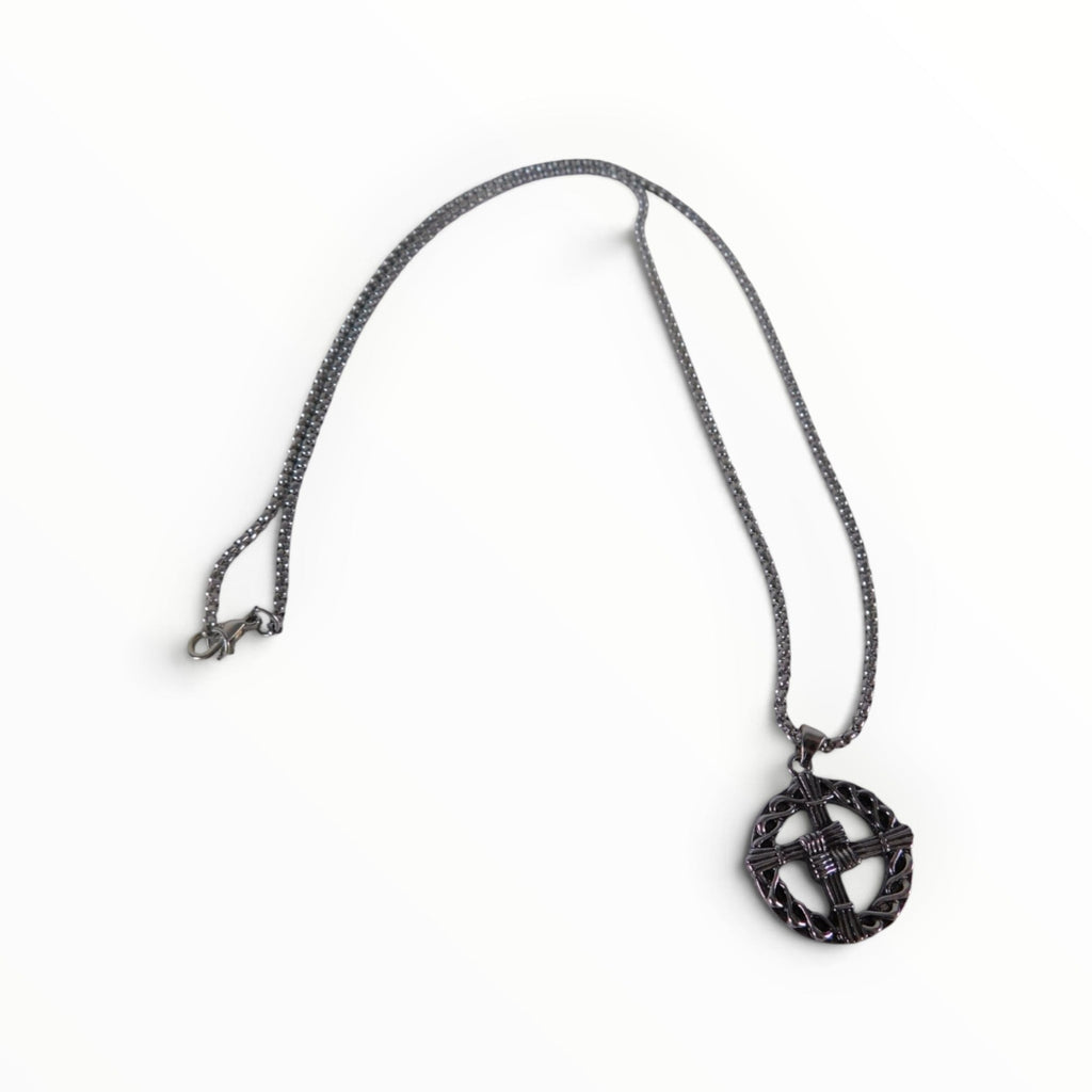The Witches' Quest silver tone St. Brigid’s Cross pendant necklace with a woven circle design and matching link chain.