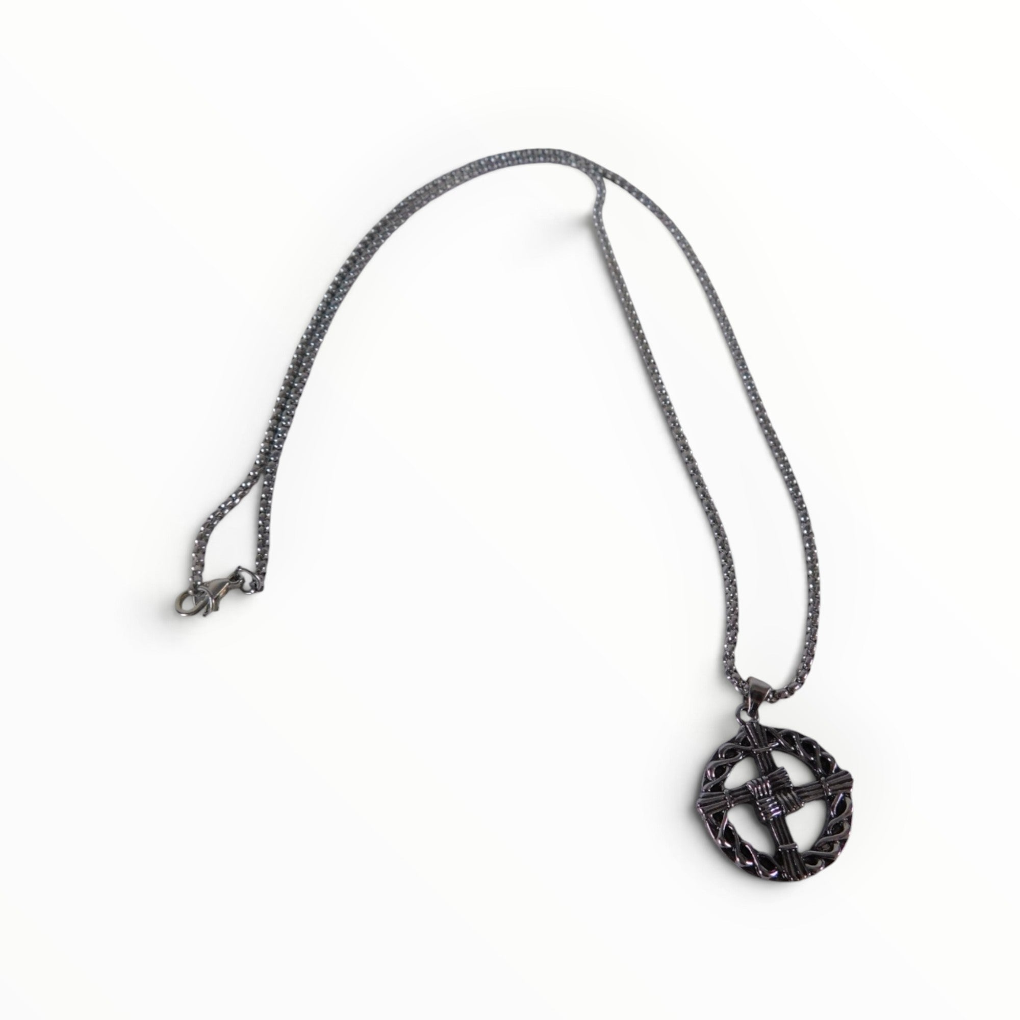 The Witches' Quest silver tone St. Brigid’s Cross pendant necklace with a woven circle design and matching link chain.