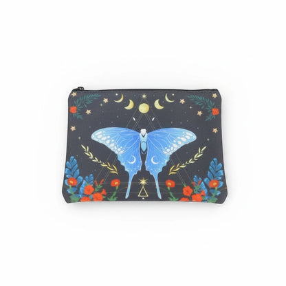 The Witches' Quest black canvas clutch featuring a blue butterfly, celestial moon, star, and floral print.