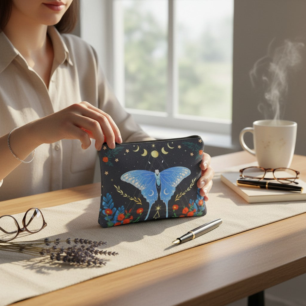 The Witches' Quest black canvas clutch featuring a blue butterfly, moon, star, and floral print held by a woman.