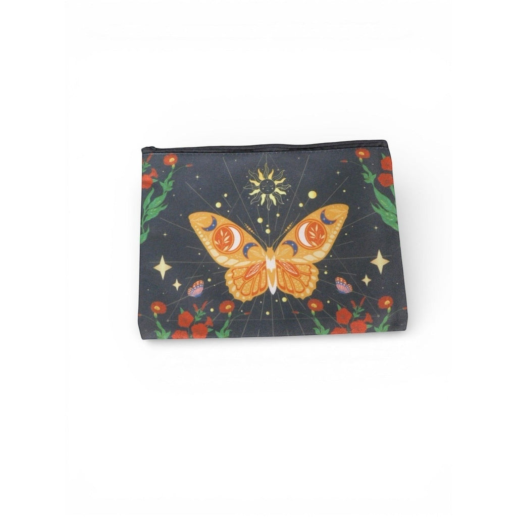 The Witches' Quest small black canvas zip pouch featuring a colorful celestial butterfly, sun, and floral print.