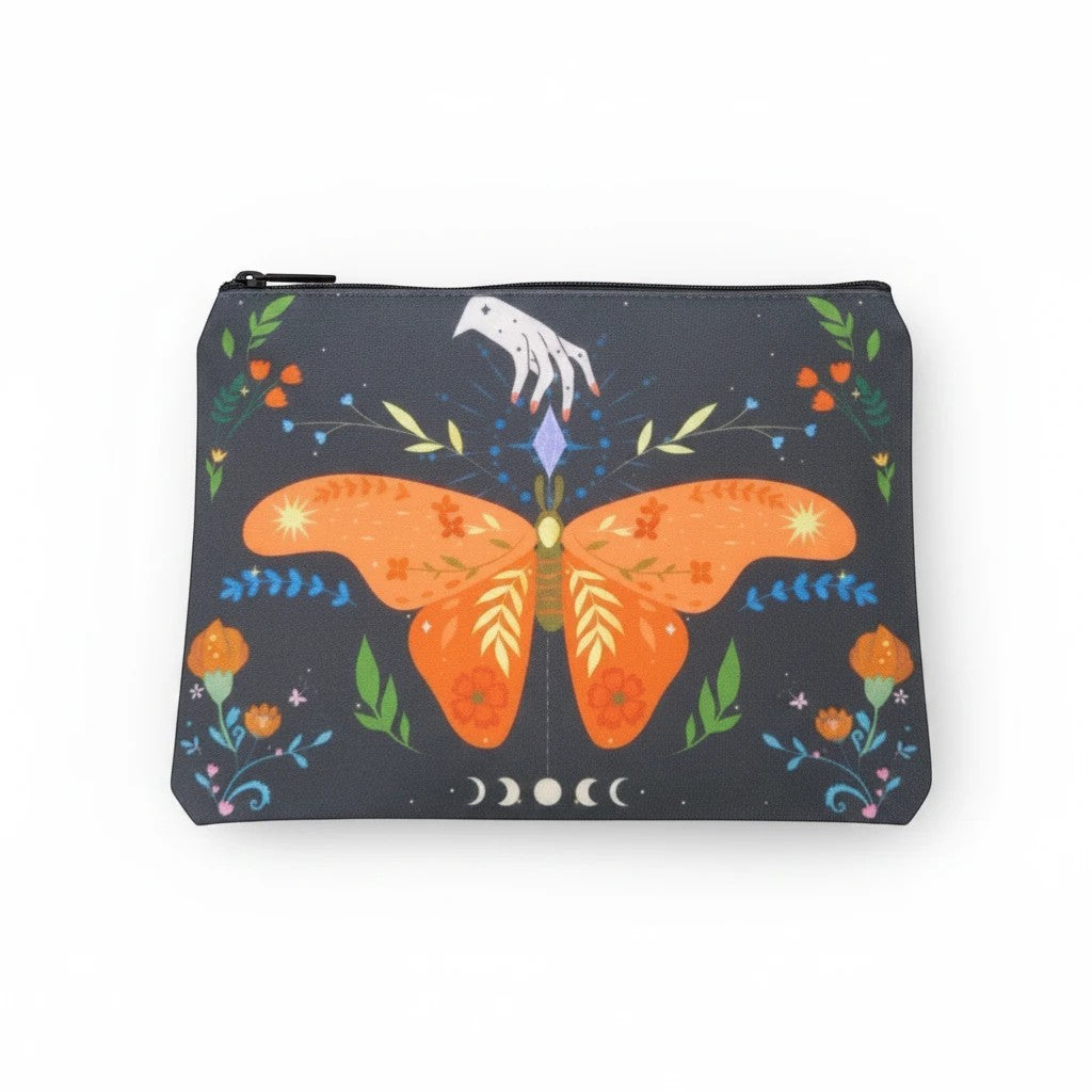 The Witches' Quest small canvas zip pouch featuring a mystical orange butterfly, celestial moons, and floral print.