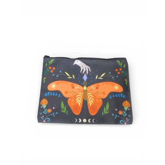 The Witches' Quest small canvas zip pouch featuring a mystical orange butterfly, moon phases, and floral motifs.