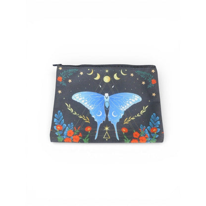 The Witches' Quest small black canvas zip pouch featuring a blue butterfly, moons, stars, and floral print.