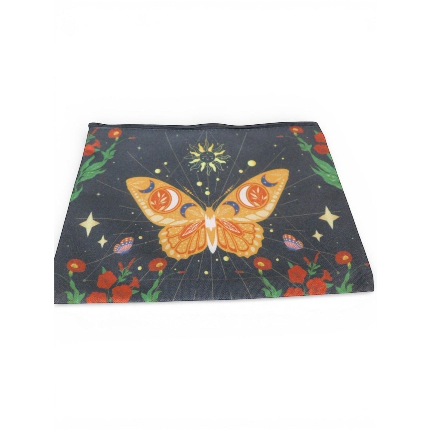 The Witches' Quest small black canvas zip pouch featuring a colorful celestial butterfly and floral print design.