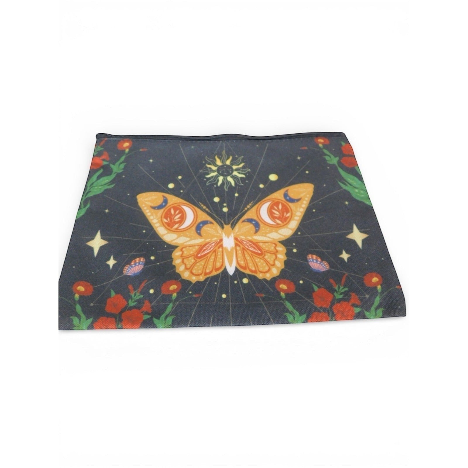 The Witches' Quest small black canvas zip pouch featuring a colorful celestial butterfly and floral print design.