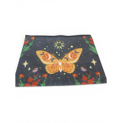 The Witches' Quest small black canvas zip pouch featuring a colorful celestial butterfly and floral print design.