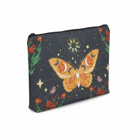 The Witches' Quest black canvas zip pouch featuring a colorful butterfly, sun, moon, and floral celestial print.