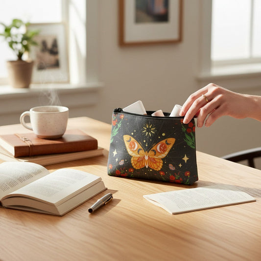 The Witches' Quest black canvas zip pouch featuring a colorful butterfly, sun, and floral celestial print on a desk.
