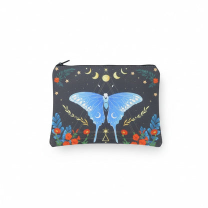 The Witches' Quest small black canvas zip pouch featuring a blue butterfly, moon, star, and floral celestial print.