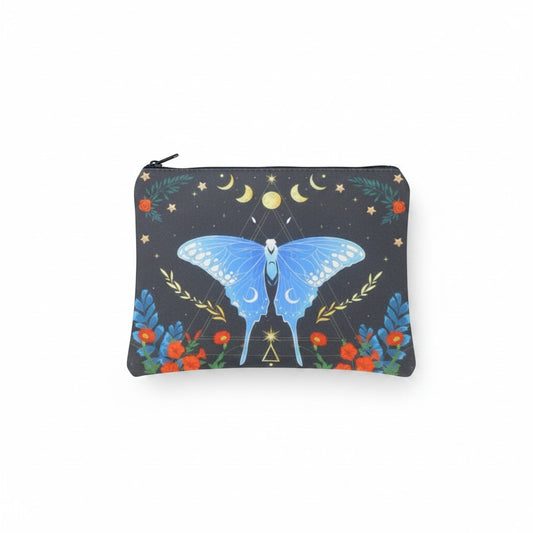 The Witches' Quest small black canvas zip pouch featuring a blue butterfly, moon, star, and floral celestial print.