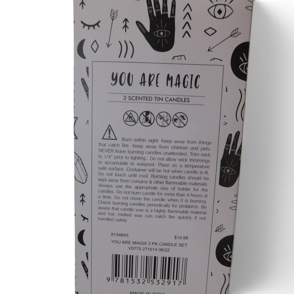 The Witches' Quest You Are Magic scented candle set box back with safety instructions and mystical line art icons