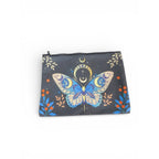 The Witches' Quest small black zip clutch featuring a celestial butterfly, moon, and star print with floral accents.