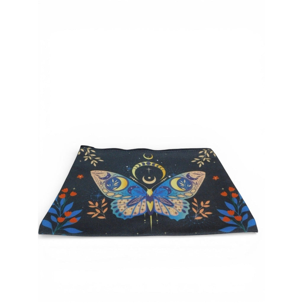 The Witches' Quest small black polyester clutch with a colorful celestial butterfly, moon, and star graphic print.