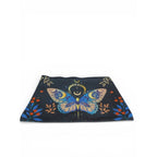 The Witches' Quest small black polyester clutch with a colorful celestial butterfly, moon, and star graphic print.