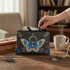 The Witches' Quest black polyester clutch featuring a celestial butterfly, moon, and star print for travel storage.