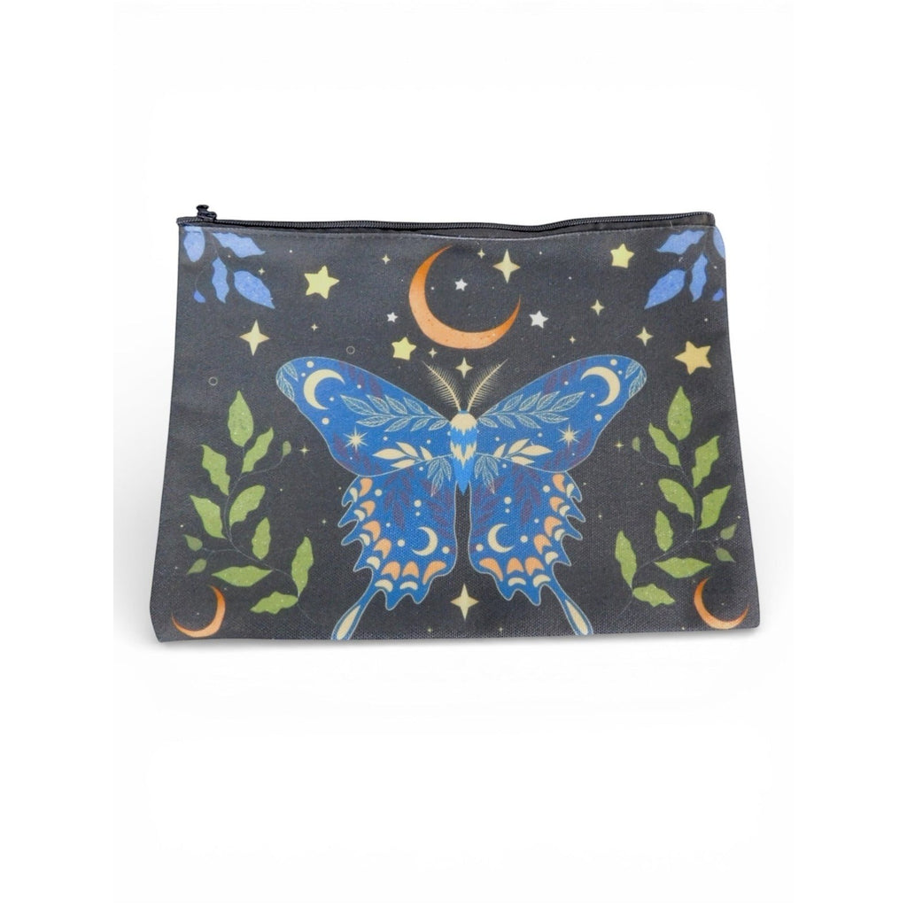 The Witches' Quest celestial cosmetic pouch featuring a blue butterfly, orange moons, and yellow stars on black fabric.