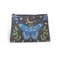 The Witches' Quest celestial cosmetic pouch featuring a blue butterfly, orange moons, and yellow stars on black fabric.