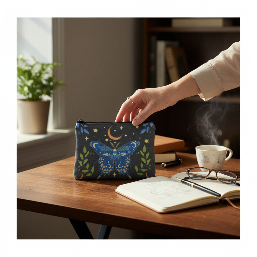 The Witches' Quest travel cosmetic bag with blue butterfly, moon, and star print on a wooden desk with a hand reaching.