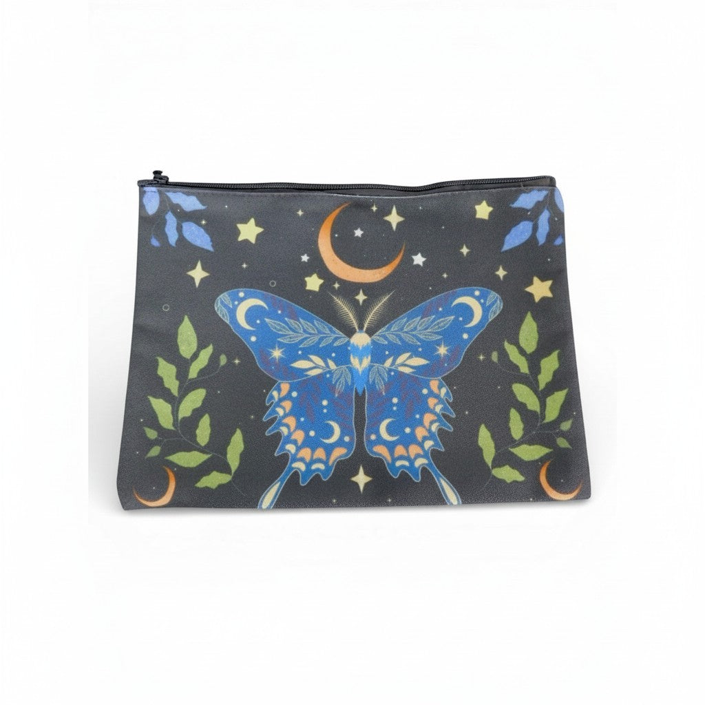 The Witches' Quest black travel cosmetic bag with blue butterfly, orange moon, and yellow stars celestial print