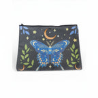 The Witches' Quest black travel cosmetic bag with blue butterfly, orange moon, and yellow stars celestial print