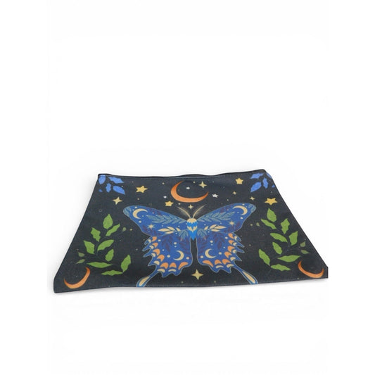 The Witches' Quest travel cosmetic bag with blue butterfly, orange moons, and yellow stars on a black fabric pouch.