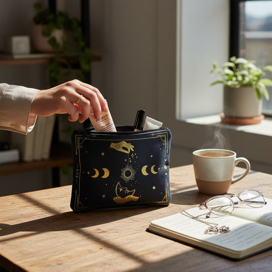 The Witches' Quest black canvas clutch with gold celestial moon and star print, used as a cosmetic pouch on a desk.