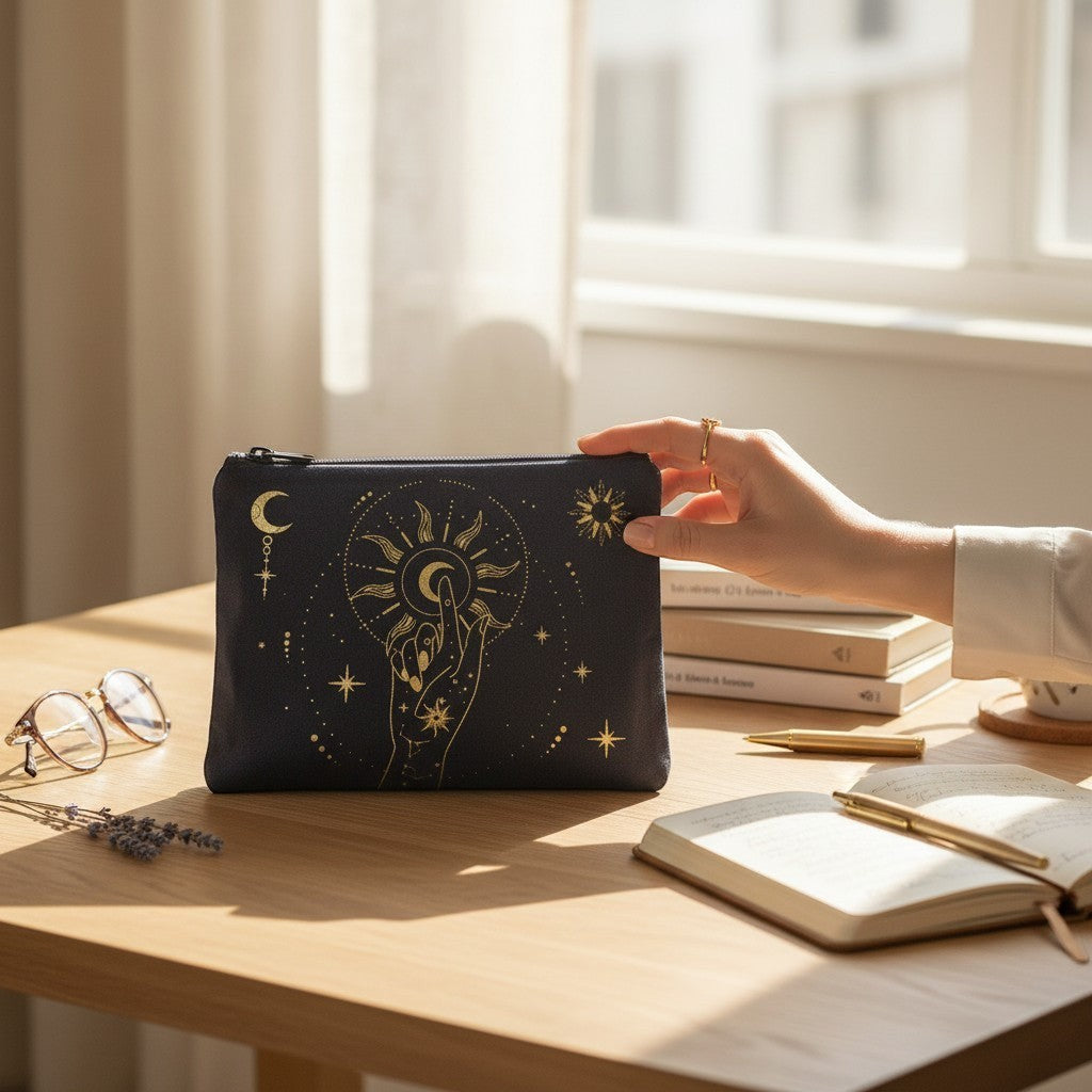 The Witches' Quest black canvas clutch featuring a gold celestial sun, moon, and star print held on a wooden desk.