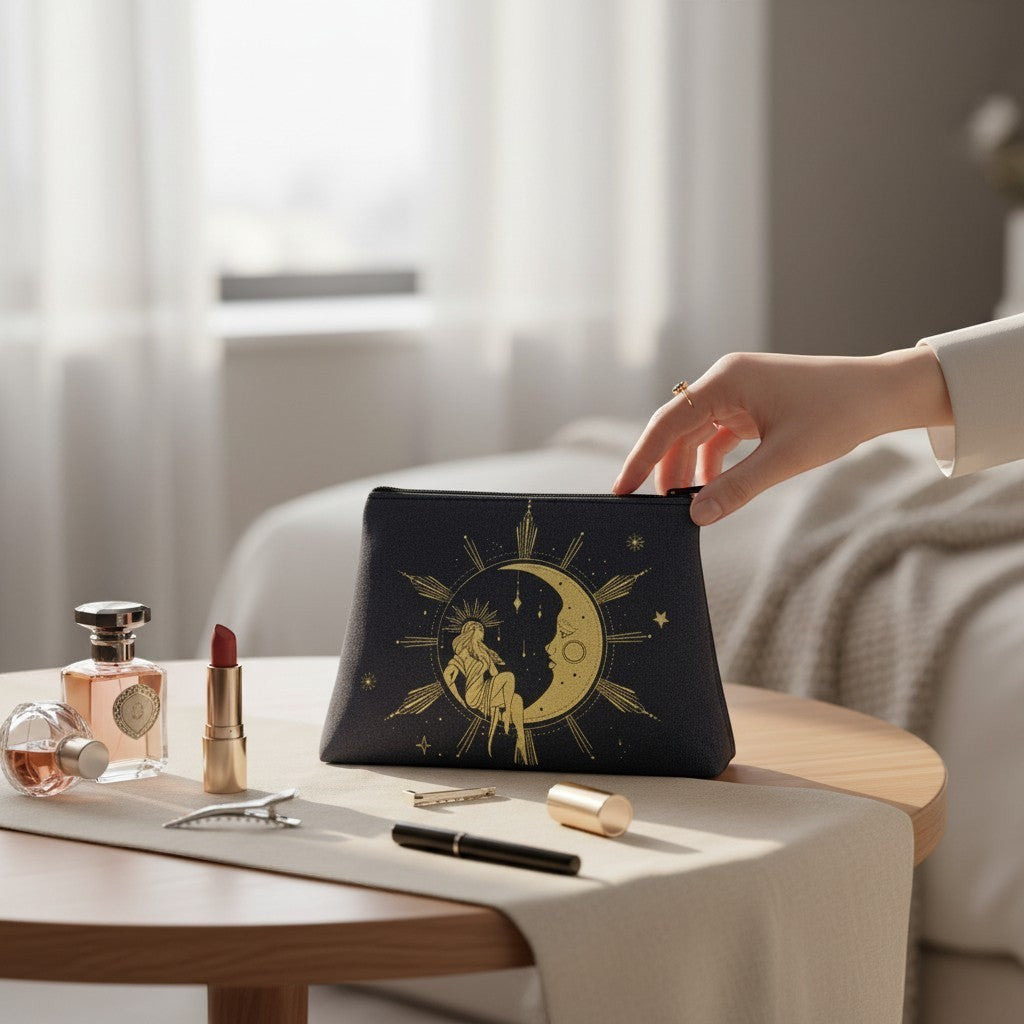 The Witches' Quest dark blue canvas makeup bag with gold celestial goddess, moon, and star print on a wooden table.