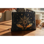 The Witches' Quest black canvas zipper pouch with gold celestial sun and moon hands design holding tarot cards.