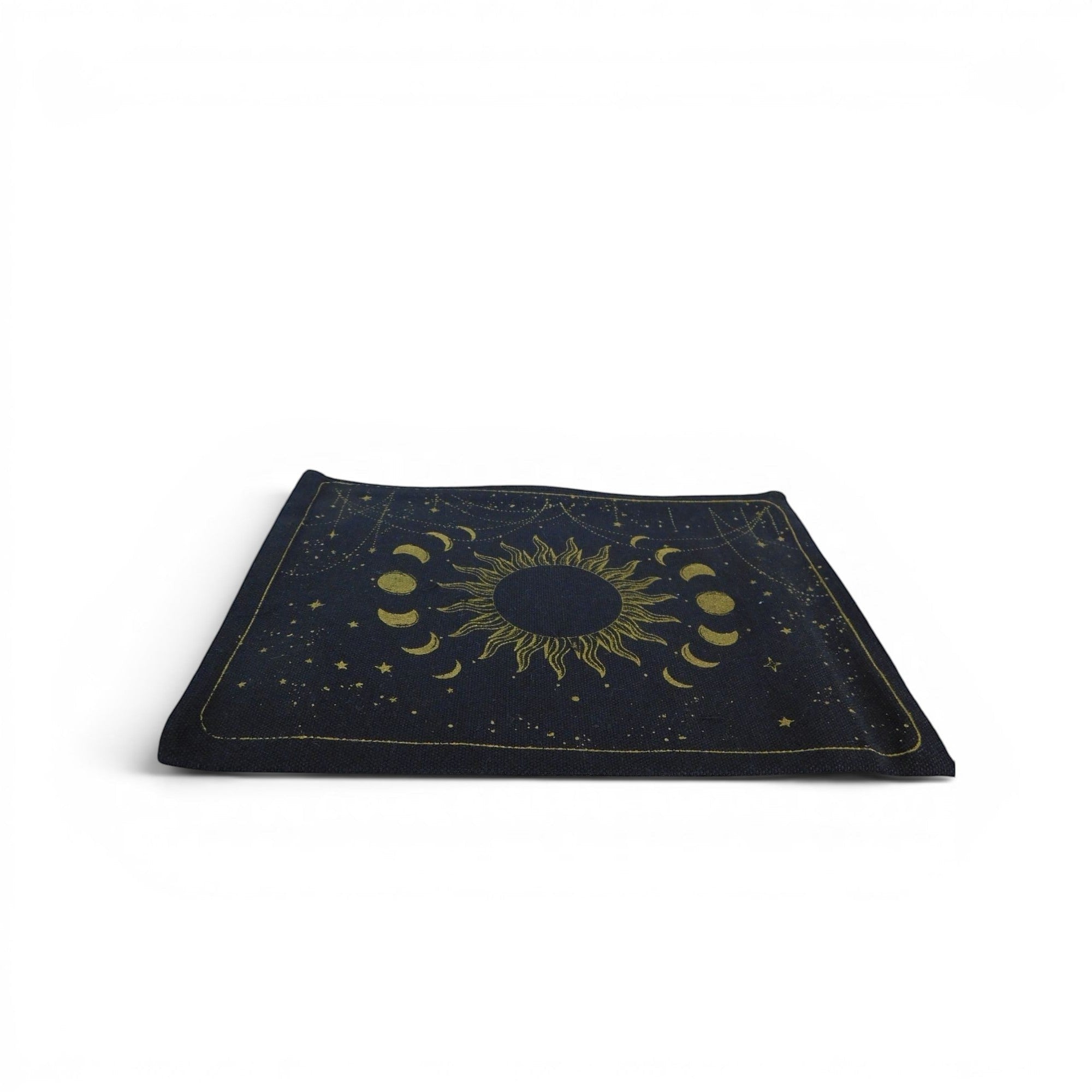 The Witches' Quest black canvas zipper pouch featuring a gold celestial sun and moon design on a white background.