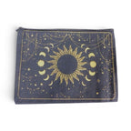 The Witches' Quest black canvas zipper pouch featuring a gold celestial sun and moon design.
