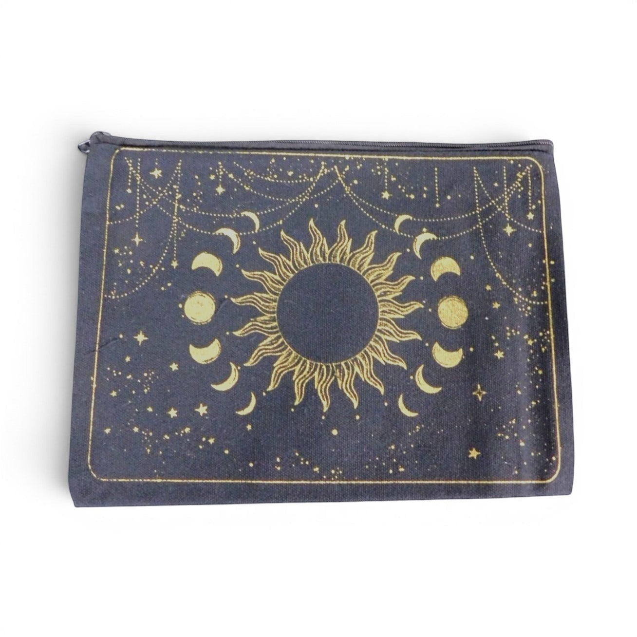 The Witches' Quest black canvas zipper pouch featuring a gold celestial sun and moon design.