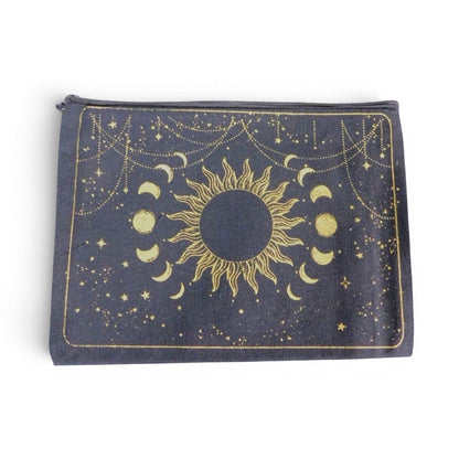 The Witches' Quest black canvas zipper pouch featuring a gold celestial sun and moon design.