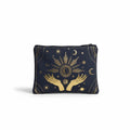 The Witches' Quest black canvas zipper pouch featuring a gold celestial design with hands, moons, and stars.