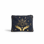 The Witches' Quest black canvas zipper pouch featuring a gold celestial design with hands, moons, and stars.