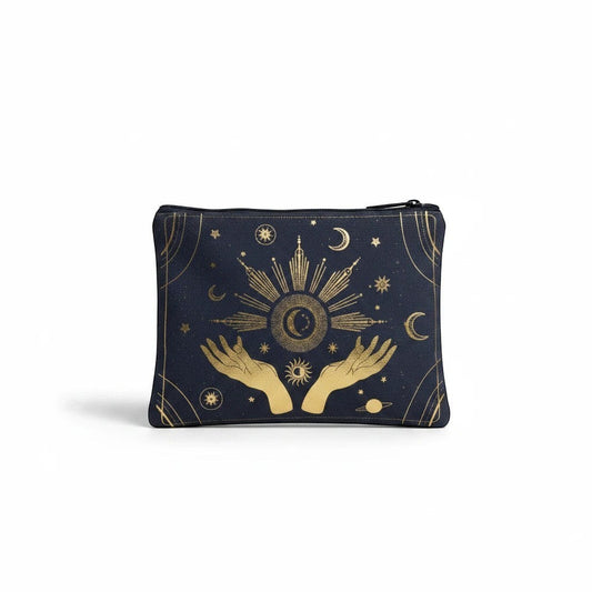 The Witches' Quest black canvas zipper pouch featuring a gold celestial design with hands, moons, and stars.