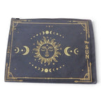 The Witches' Quest zippered canvas pouch in dark grey featuring a gold celestial sun and moon design.