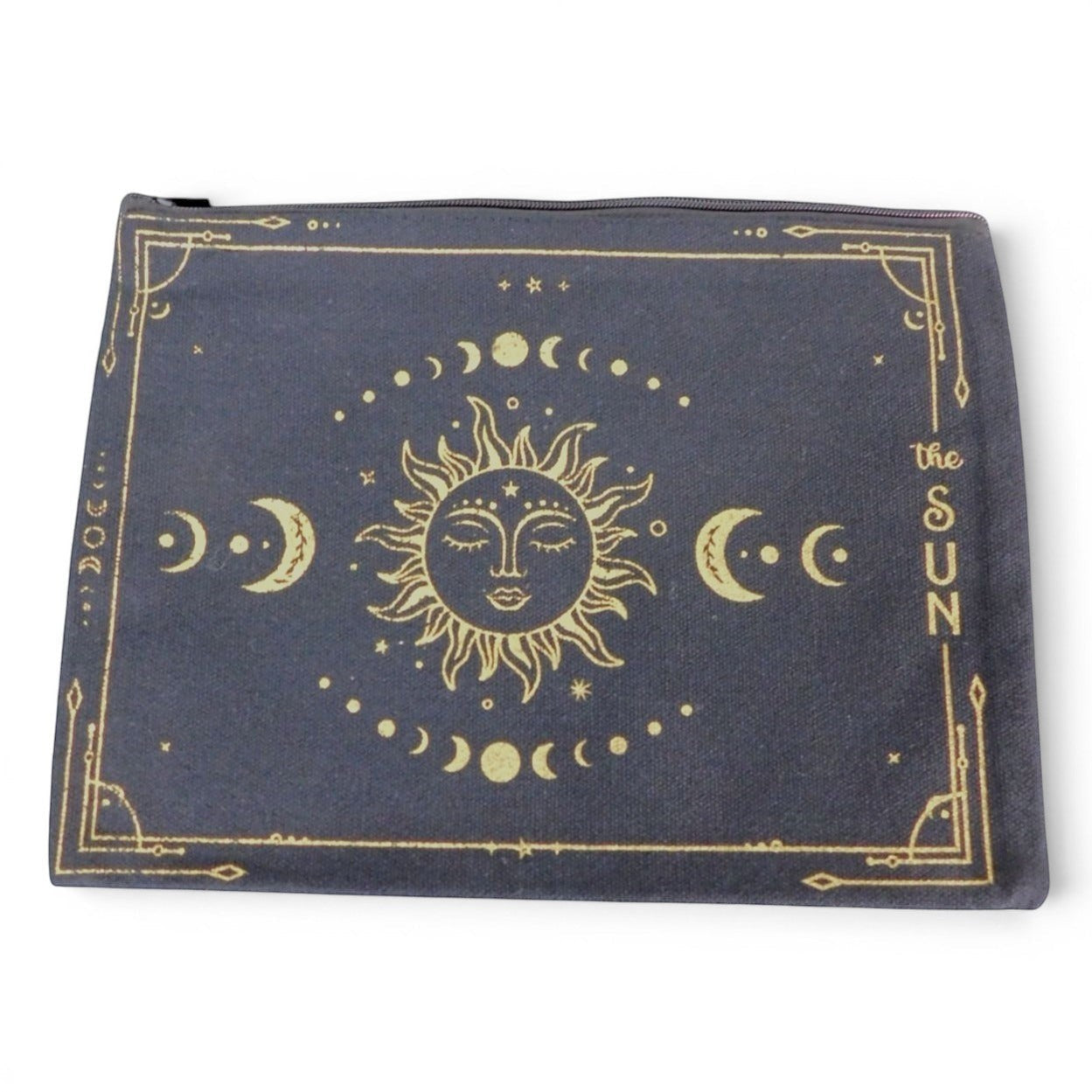 The Witches' Quest zippered canvas pouch in dark grey featuring a gold celestial sun and moon design.