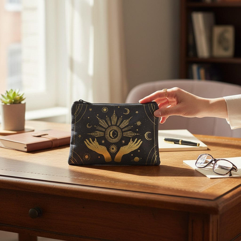 The Witches' Quest black canvas zipper pouch featuring a gold celestial design with hands, moon, and stars on a desk.