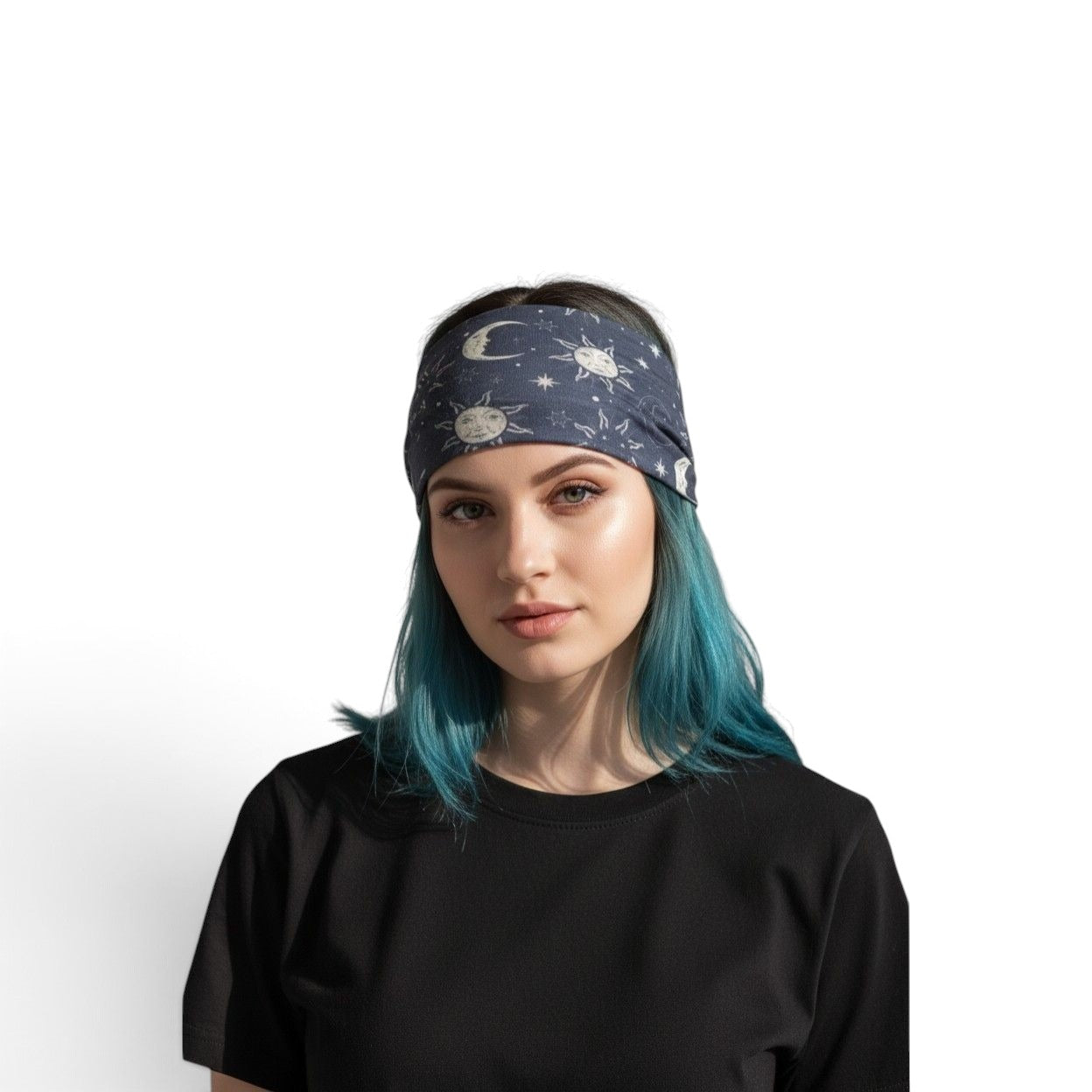 The Witches' Quest celestial moon and star print stretchy headband worn by a woman with blue hair