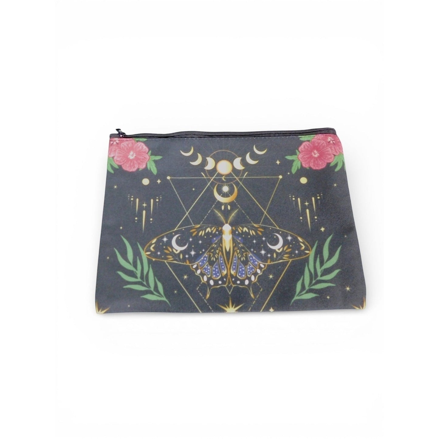 The Witches' Quest black fabric cosmetic bag featuring a celestial moth, moon phases, and floral print with gold accents.