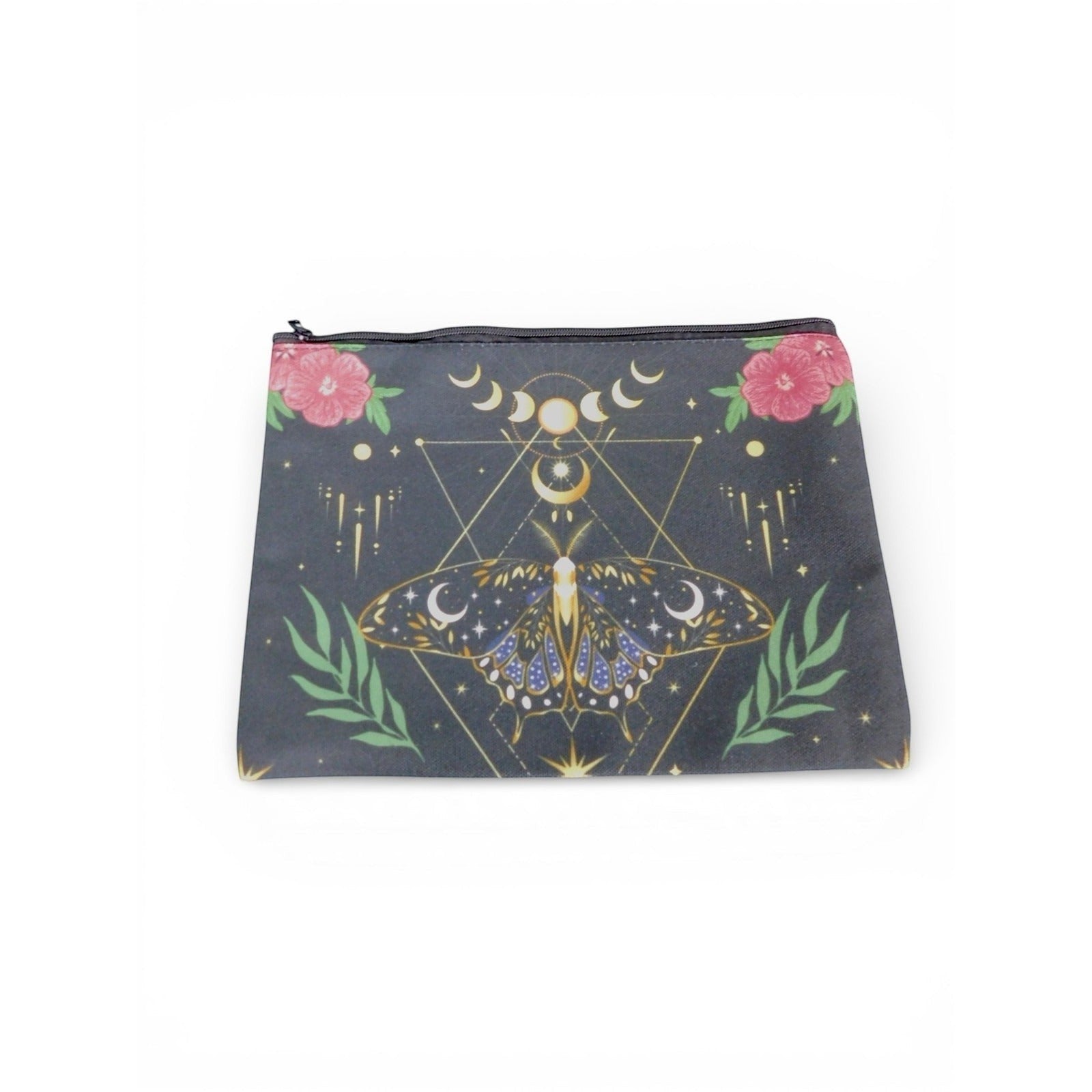 The Witches' Quest black fabric cosmetic bag featuring a celestial moth, moon phases, and floral print with gold accents.